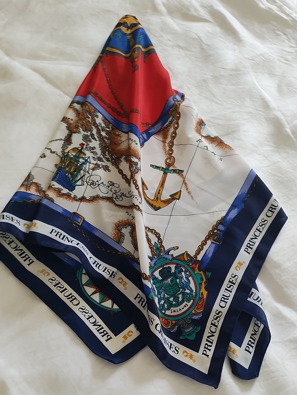 Nautical Anchor & Map Polyester Scarf - Red, Navy & White